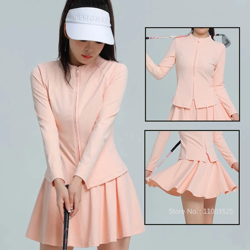 DK Golf Women Cardigan Jacket Windproof Sports Top Long-sleeved Zipper Shirt Ladies Pleated Golf Skirt High Waist Tennis Skorts