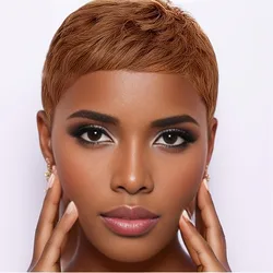 machine made 150% density pixie cut 4inch 30/brown/natural black color short straight layered human hair wigs for women