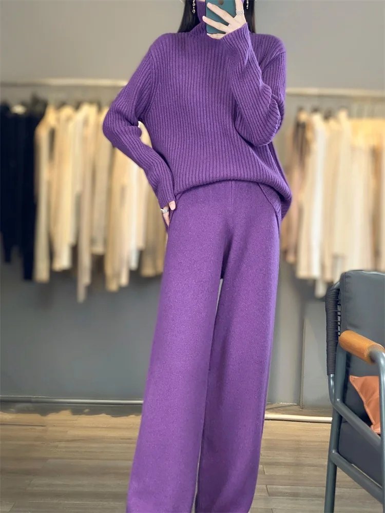 

Women's matching set 100% Merino wool high neck sweater elastic waist pants two-piece set knitted casual loose women's clothing