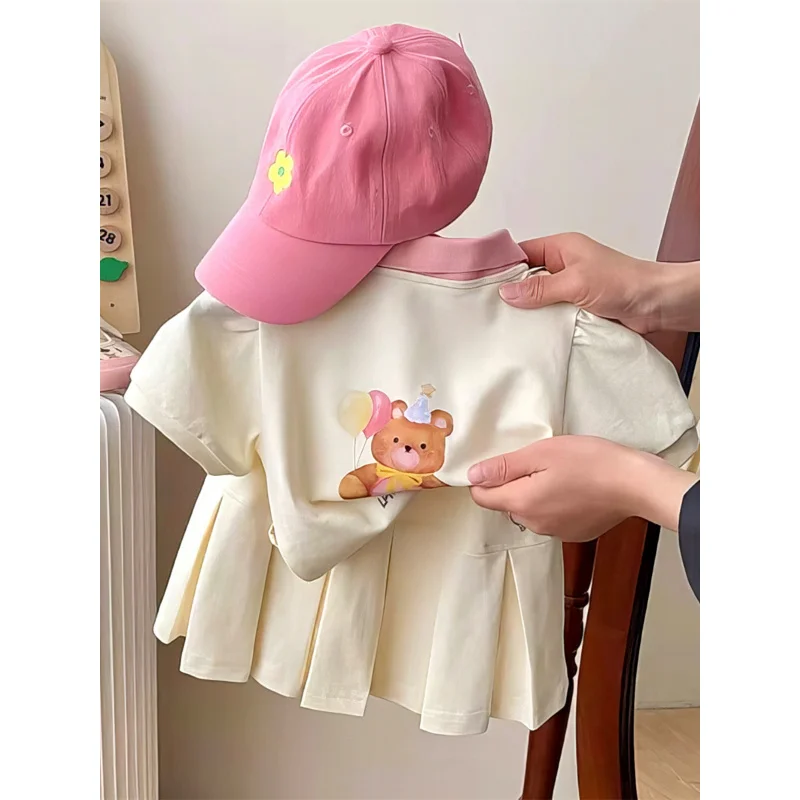 

2025Summer Girls' Preppy Style Cartoon BearPOLO Collar Short SleeveTT-shirt+Skirt Two-Piece Suit