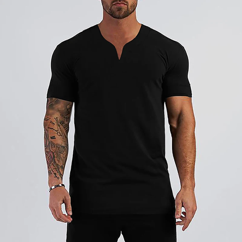 2022 Mens Clothing New Fashion V neck Short Sleeve T Shirt Men Slim Fit T-shirt Men cotton Casual Summer Gym Fitness Tee shirt