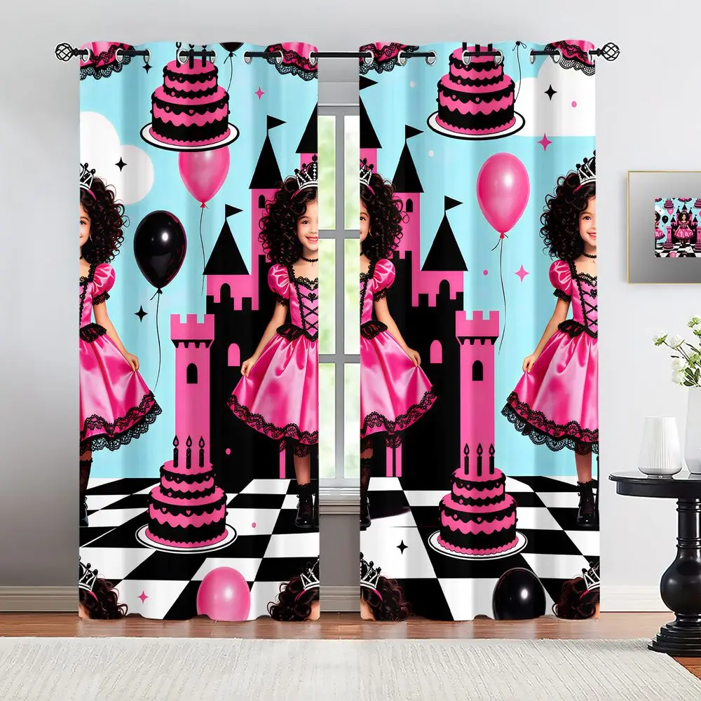 Pink Princess Party Printed Curtains 2 Panels Light Blocking Rate 85% Darkening Decoration Curtains Holiday Home Window Shade
