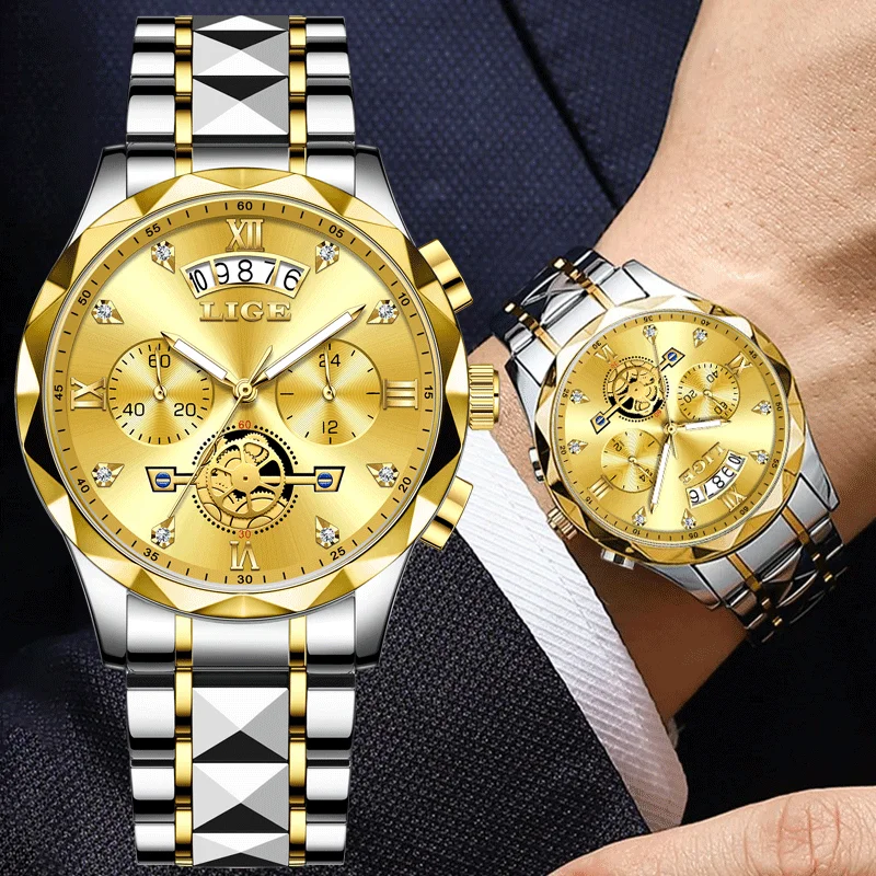 LIGE Luxury Business Men's Quartz Watch Flywheel Skeleton Design Gold Dial Men Watches Waterpoof Luminous Chronograph Watch Man