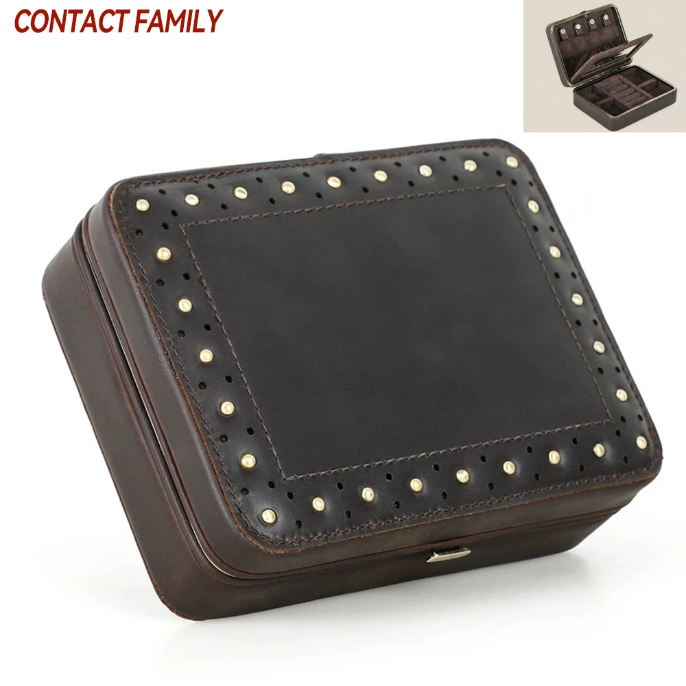 Vintage Crazy Horse Leather Jewelry Organizer Box Genuine Leather Rivet with Makeup Mirror Metal Hinge Gift for Necklace Ring