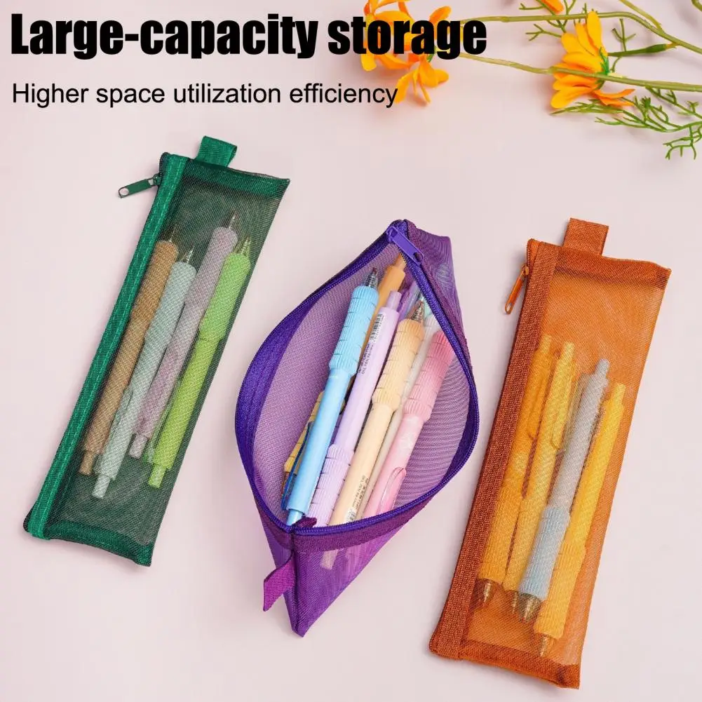 Zipper Pencil Pouch 2pcs Pencil Case Set Zipper Mesh Fabric Organizer Bag Lightweight Transparent Storage Pouch for School