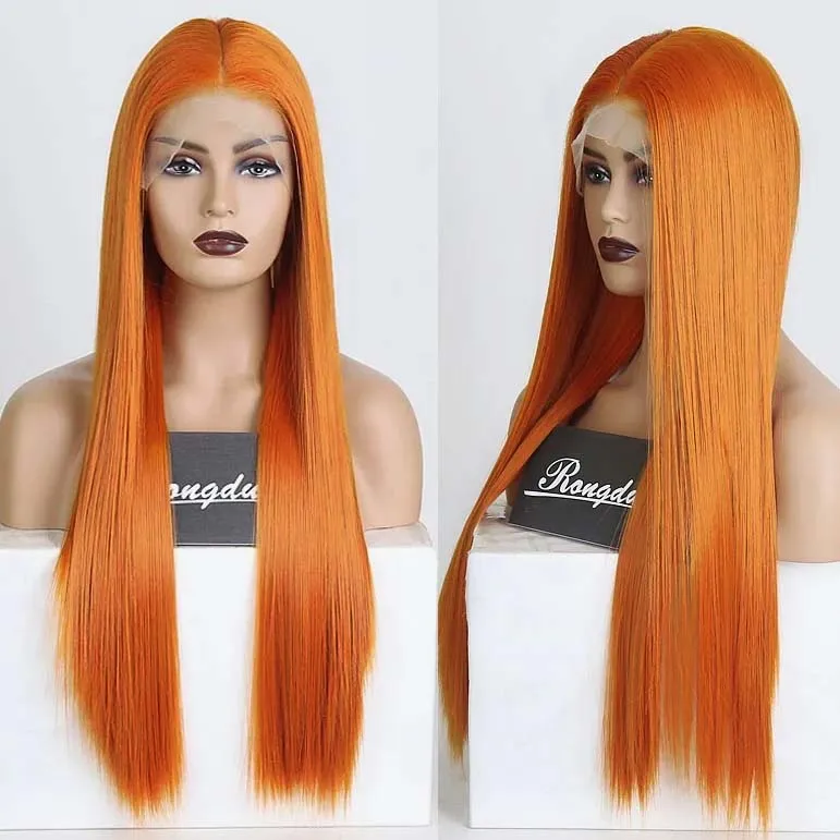 RDY-peruca dianteira de renda ruiva para mulheres, longa, reta, laranja escuro, cabelo sintético, perucas de renda frontal, sem cola, festa diária