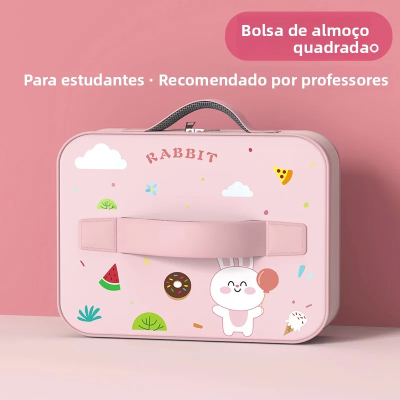 子供用スクールランチバッグ、平らな長方形、耐油性、保温性のあるキャンバス製ハンドバッグ、仕事や勉強用ランチコンテナ
