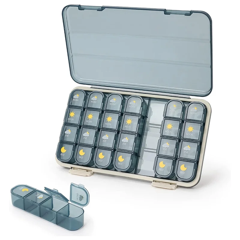 

A47F-органайзер для таблеток, 4 раза в день, 7-дневная коробка для таблеток, 4 раза в день, еженедельный органайзер для аптечек + отдельный чехол, синий