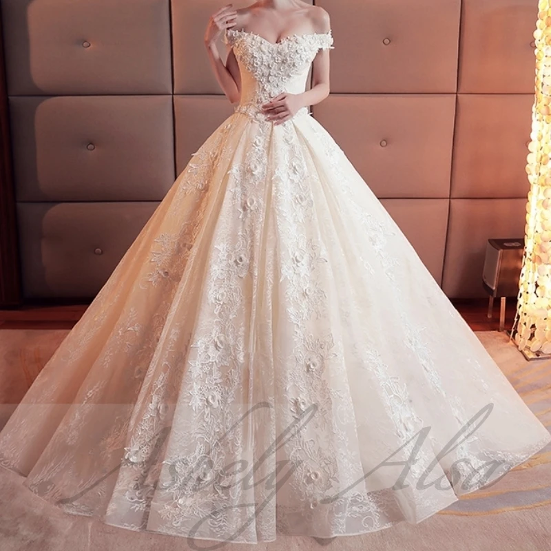 Vestido De novia De princesa elegante para mujer, Vestido De baile sin hombros, apliques De flores, Vestido De novia con cordones