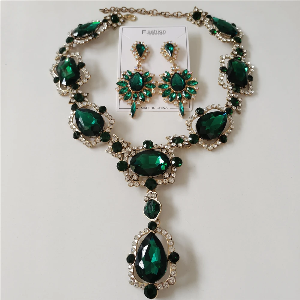 2024 New ZA Trend Green Crystal Rhinestones Necklace Earrings Women Jewelry Sets Indian Statement Large Collar Choker Necklace