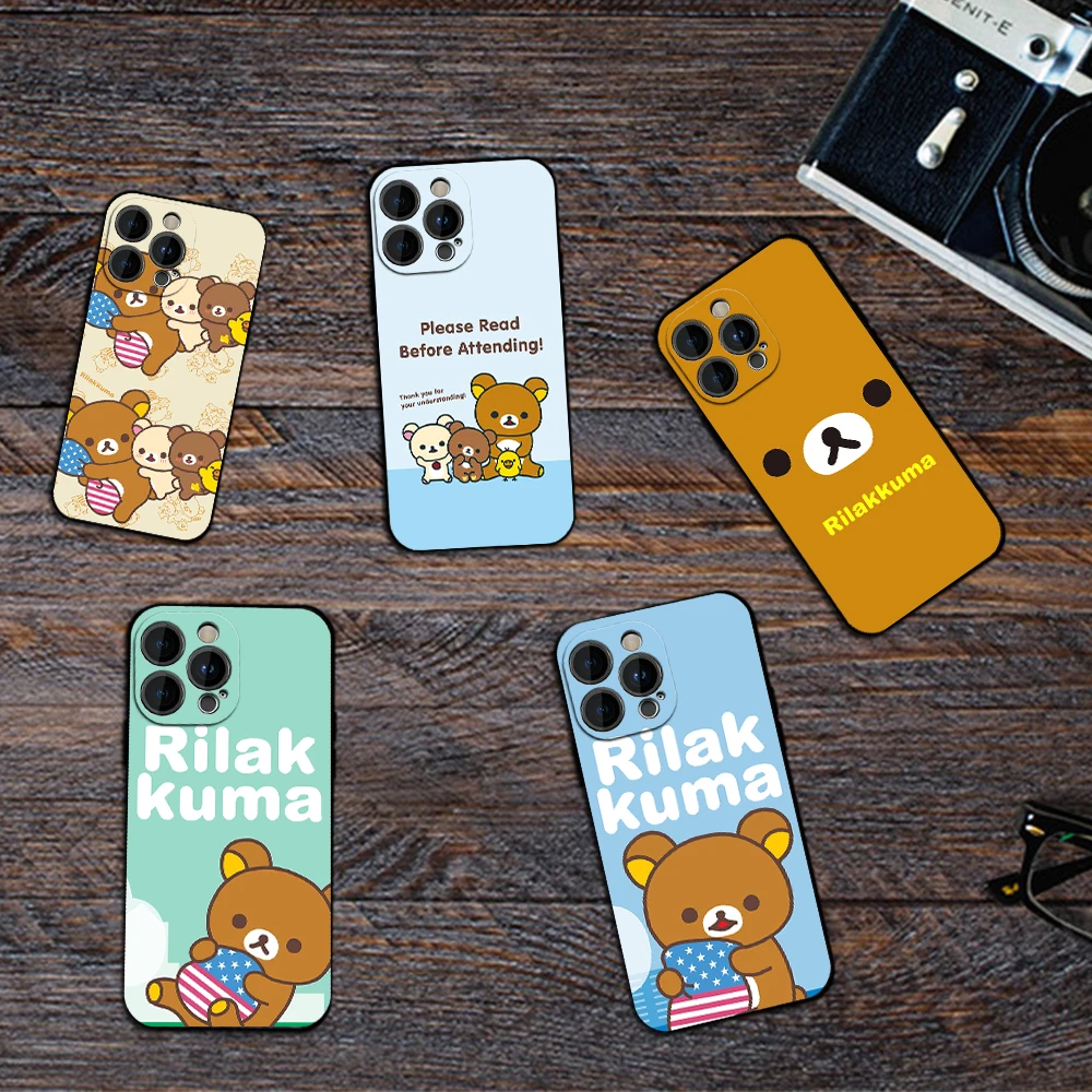 MINISO Cute R-Rilakkuma Phone Case for iPhone 12 11 13 14 15 16 Max Pro Plus Black Soft Silicone Cover