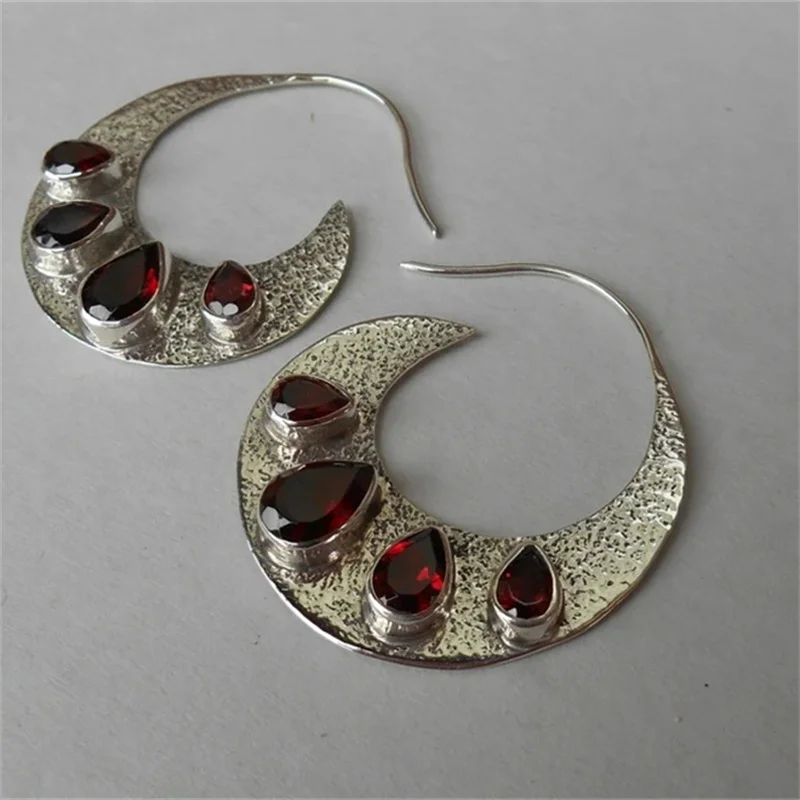 Delicate Moon Waterdrop Geometry Red Stone Earrings Silver Color Earrings for Women Wedding Engagement Jewelry