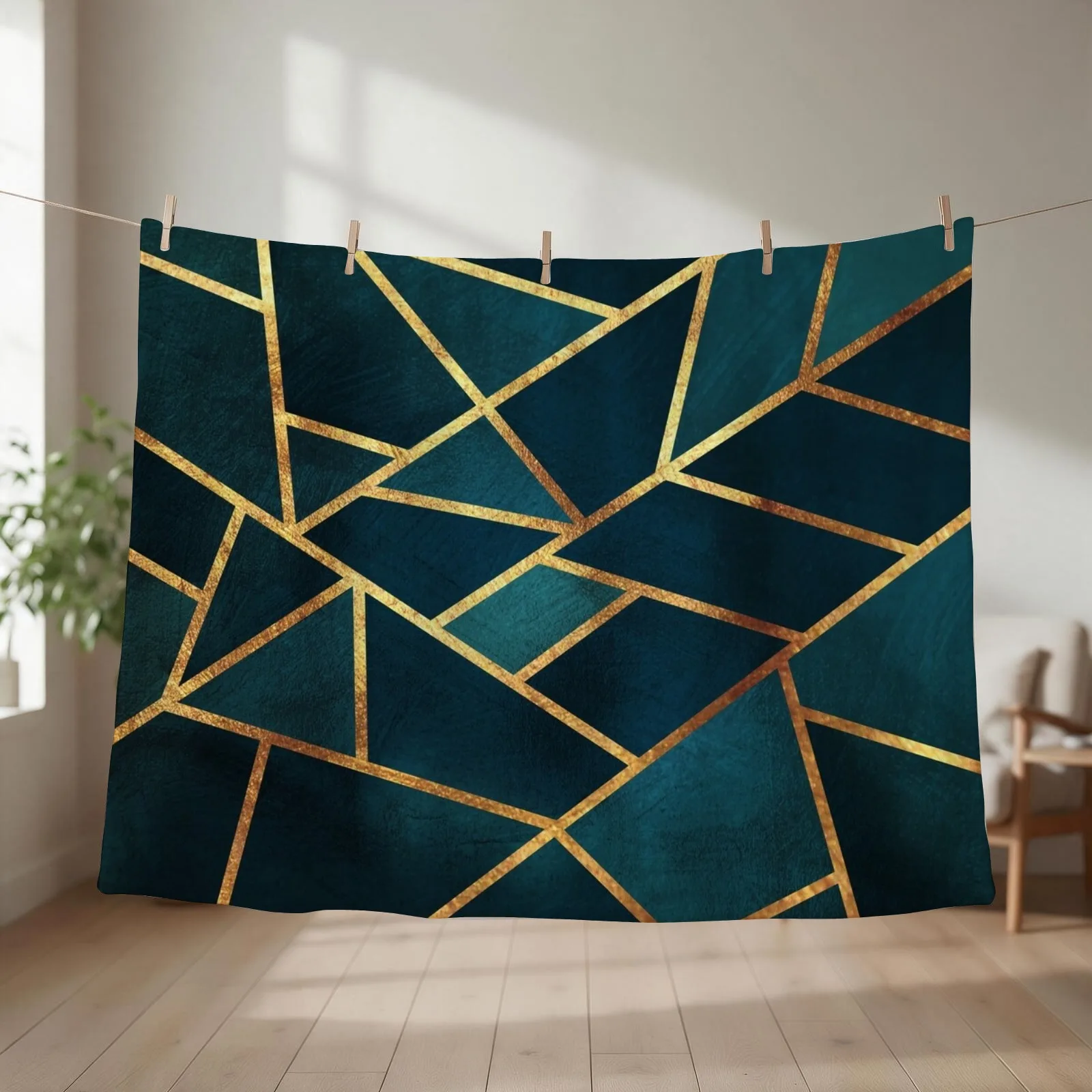Midnight Green Gold Stone Geometric Throw Blanket couch cozy soft plush fuzzy picnic outdoor blanket