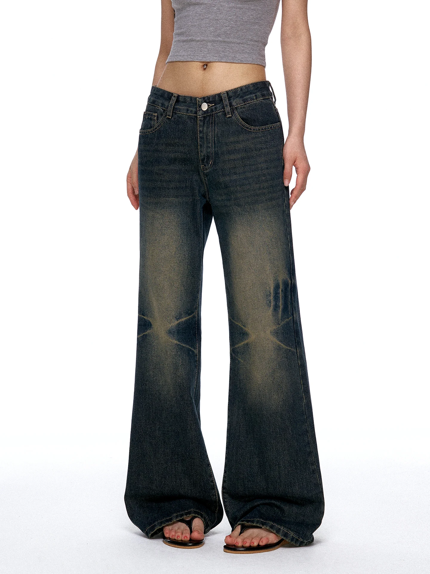 Aaisup American Retro Washed Bell Bottom Jeans Women Summer Design Loose Slim Straight Wide Leg Long Pants Casual Denim