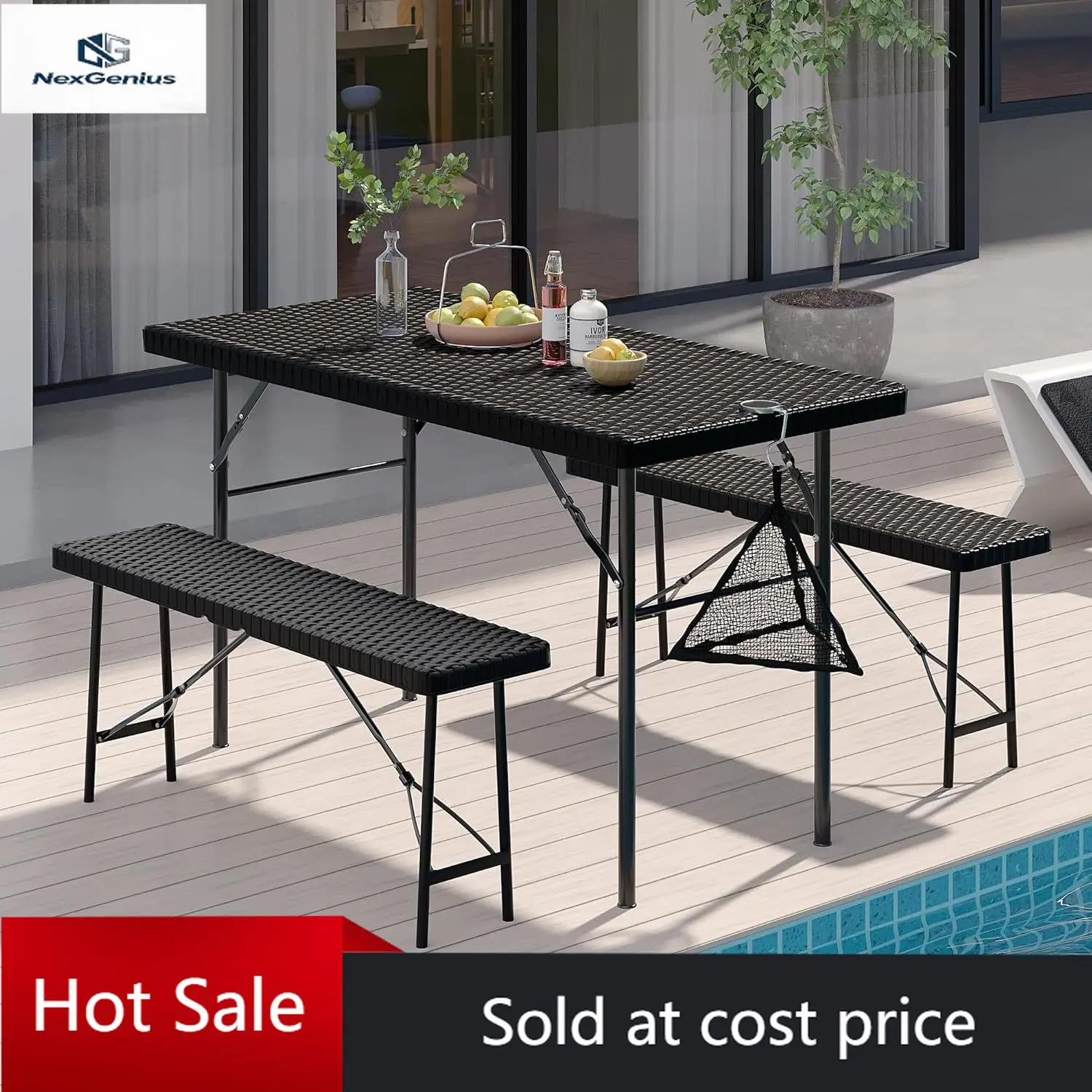 

3 Piece Folding Picnic Table with 2 Benches, 47.2" Faux Rattan Patio Set with Mesh Bag, Heat-Resistant & Waterproof, for Indoor