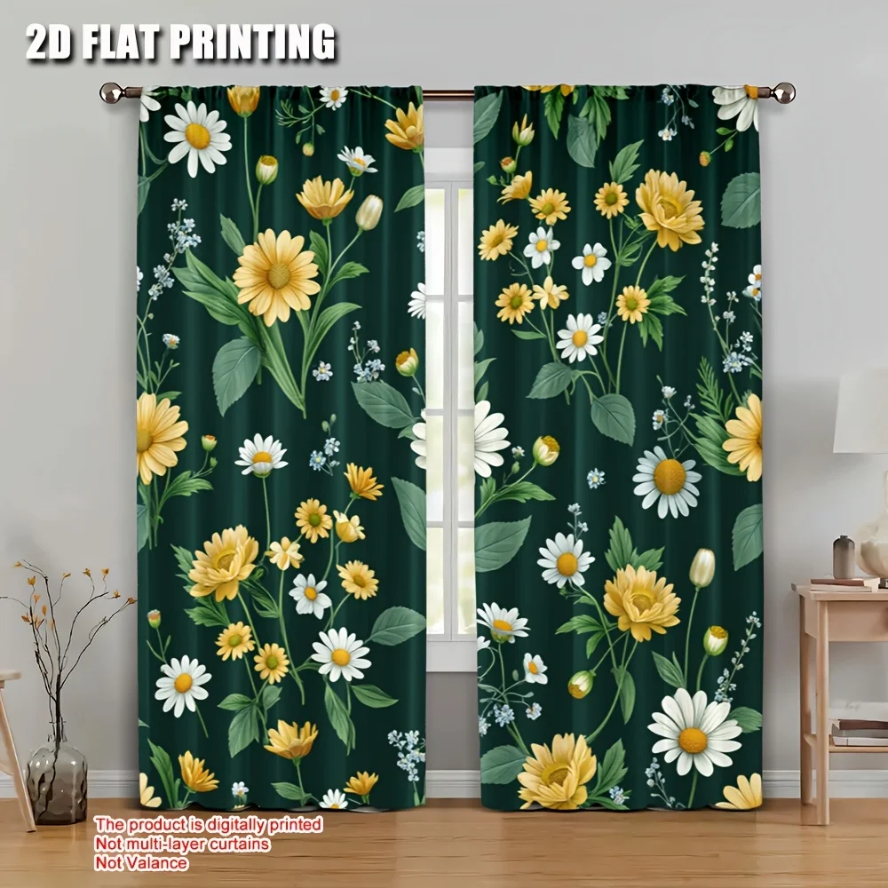 

2 шт. винтажные плотные шторы с цветочным принтом для спальни - 100% полиэстер, можно стирать в машине, карманные оконные шторы с ярко-желтым цветом