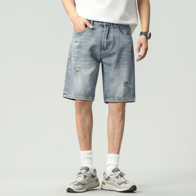 

Ripped denim shorts men's cropped shorts straight leg trend summer thin loose cropped shorts
