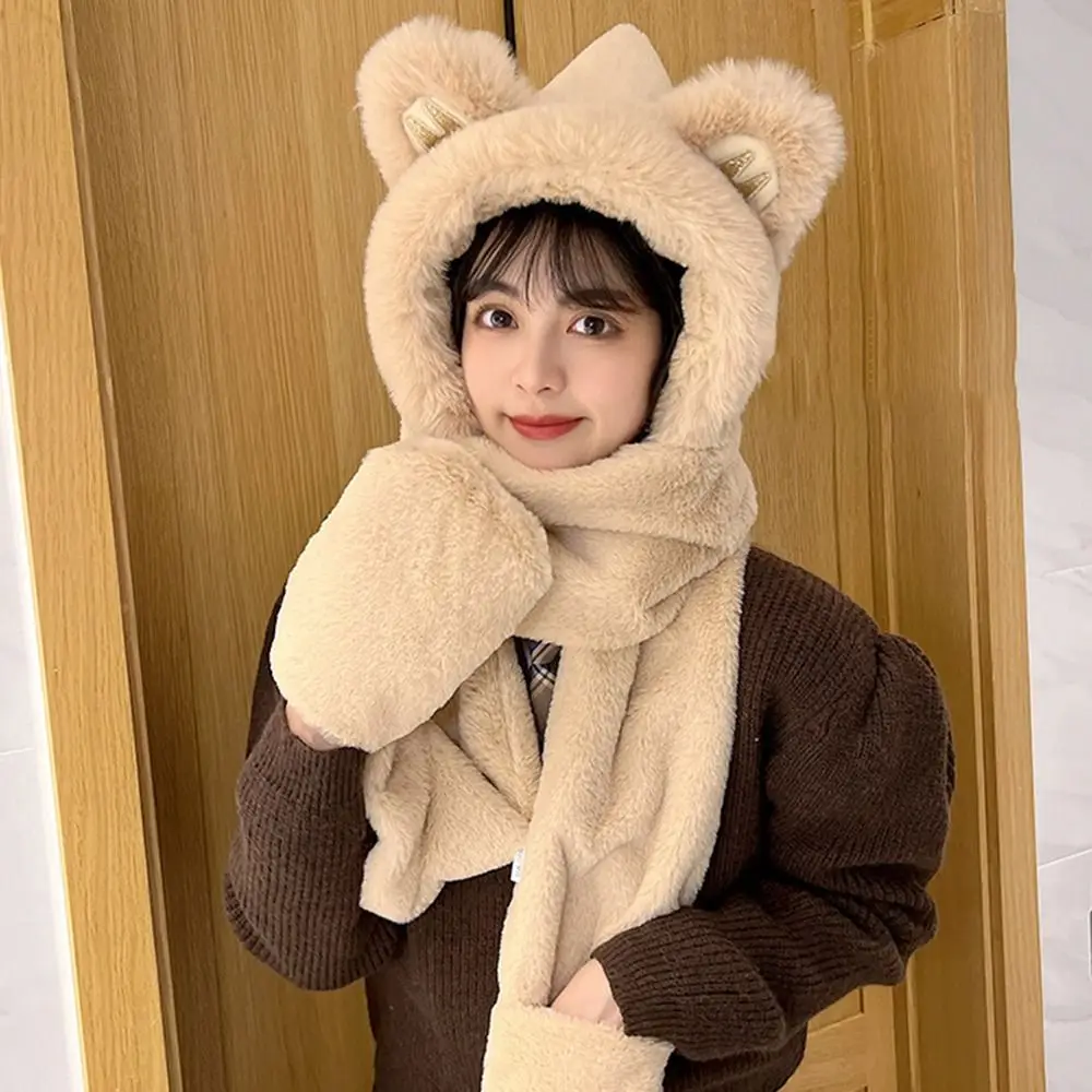 Fashion Windproof Bear Ear Hat Plush Thickening Plush Hat Scarf Set Ear Protection Cap Winter