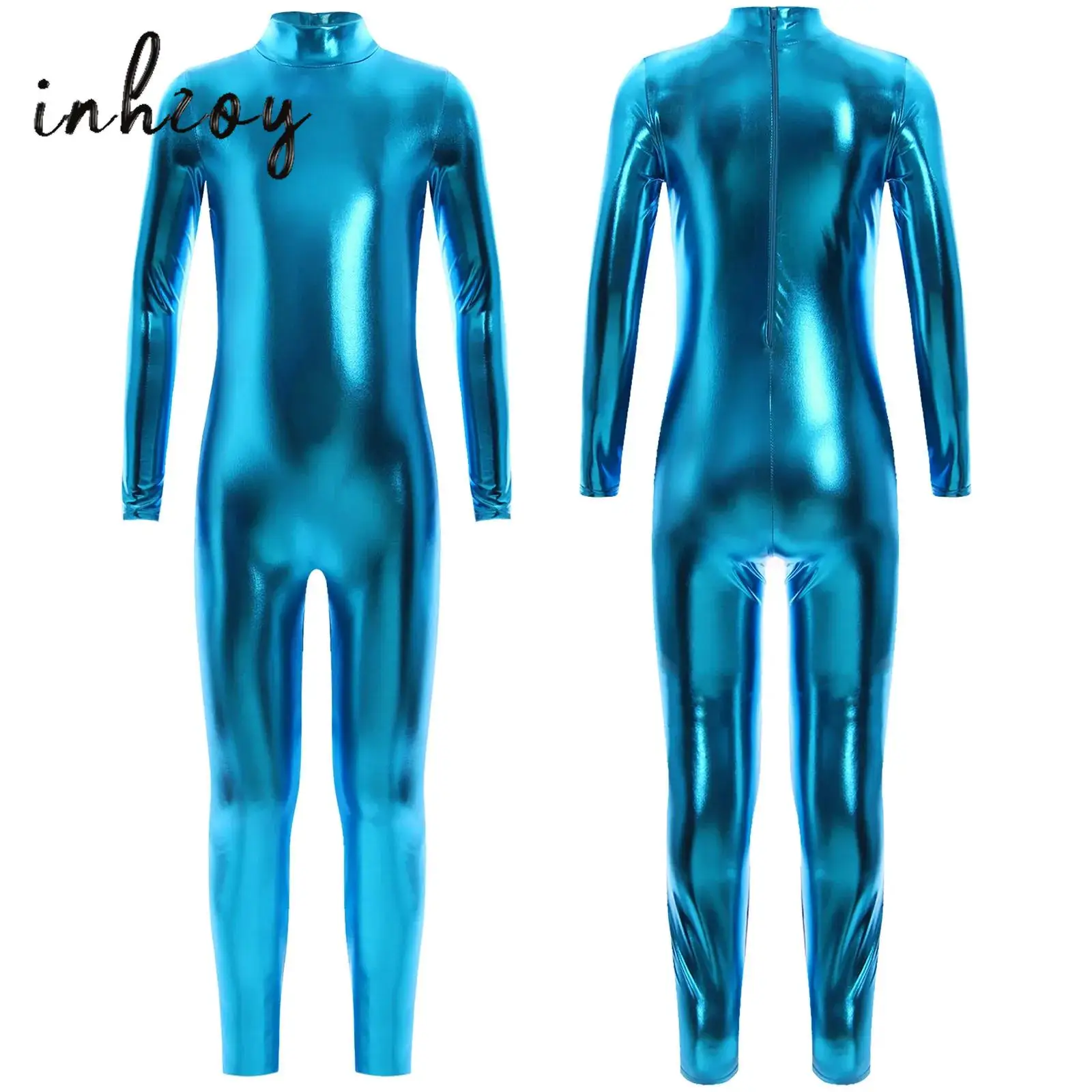 

Kids Boys Girls Jumpsuit Metallic Mock Neck Long Sleeve Leotard Gymnastic Ballet Dance Full Body Catsuit Unitard Dancewear