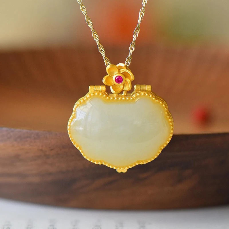 Ancient gold craft inlaid ancient rhyme hollow flower necklace natural Hetian jade pendant jewelry can open the Gawu box