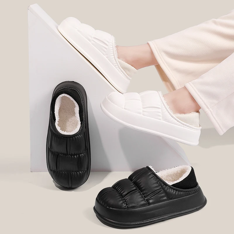 

Winter Slippers Women Men: 2-in-1 Slip-On/Full Coverage Warm Plush Lined Slippers, Waterproof Upper, Non-Slip Thick Sole
