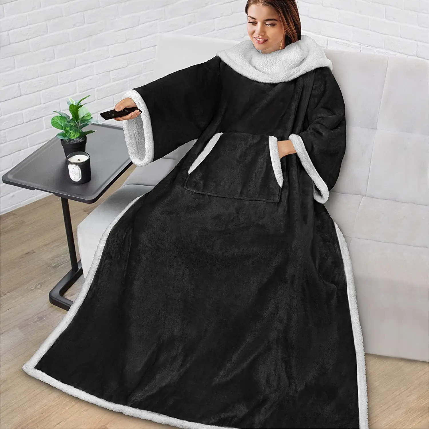 Sherpa Lined Wearable Blanket with Sleeves Arms Comfy Sleeved TV Sofa Wrap Blanket Microfiber Fleece Snuggly Throw Blanket