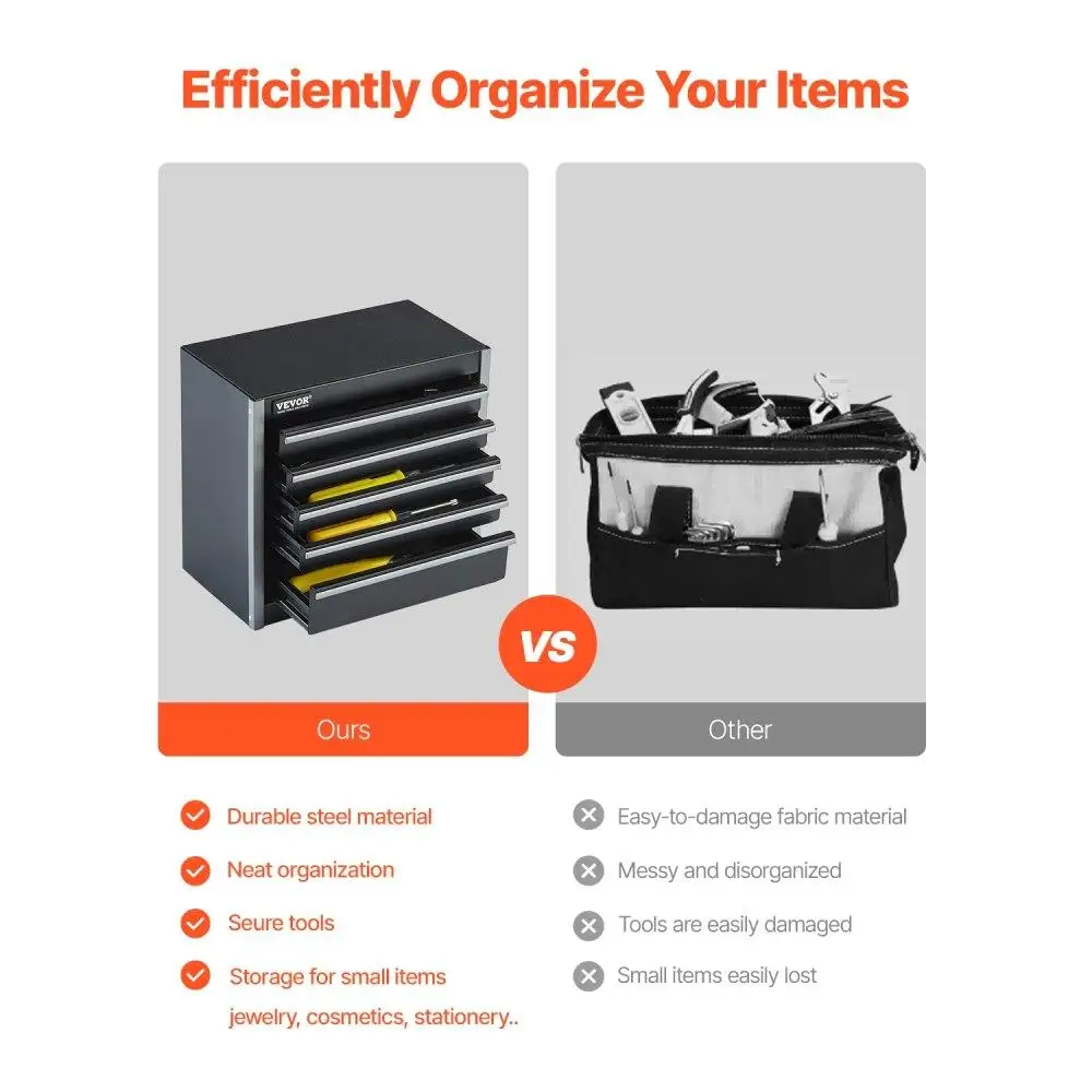 Portable 8.6inch Metal Tool Box with 5 Drawers Organizer Storage Black Repair Toolkit