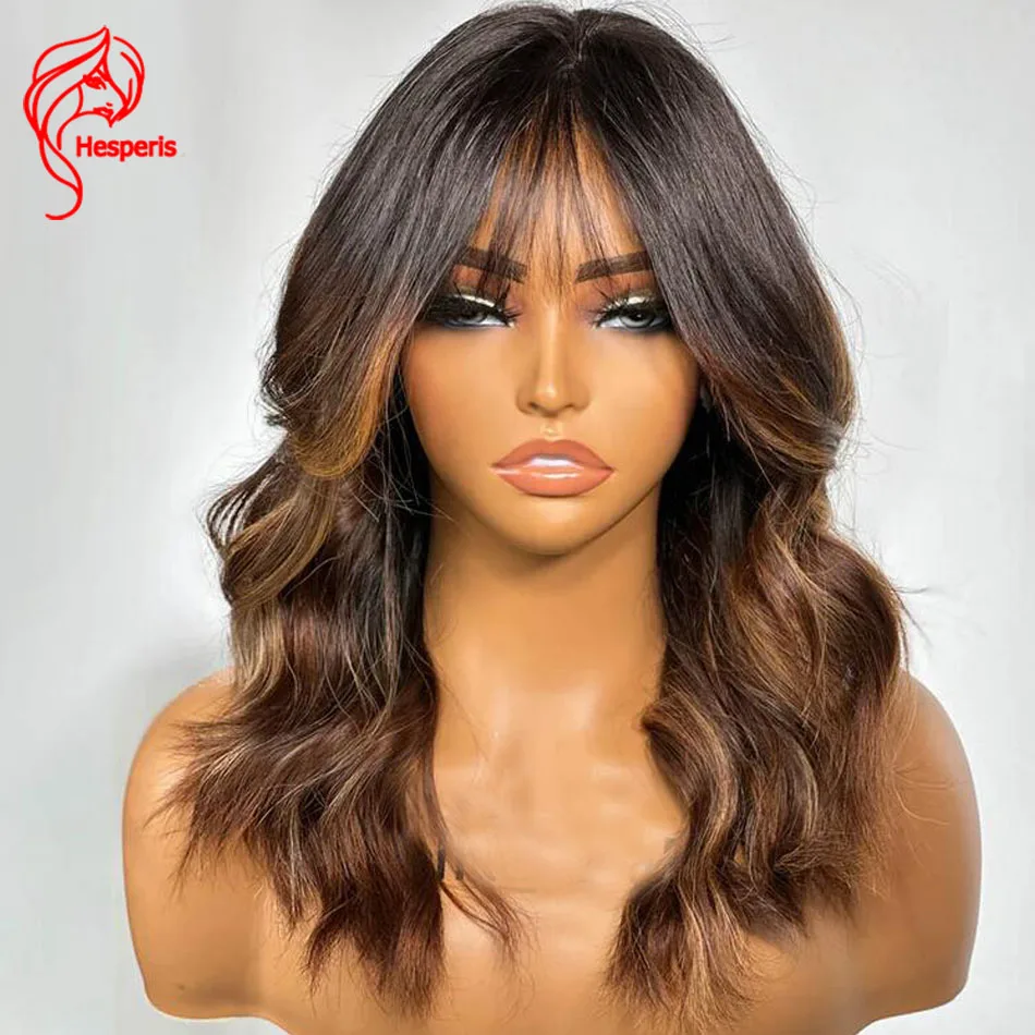 Hesperis-Wavy Ombre Cortina Bangs, Castanha Brown Destaques, Lace Frente Perucas de Cabelo Humano, Nó branqueada, Layered Cut, 13x6