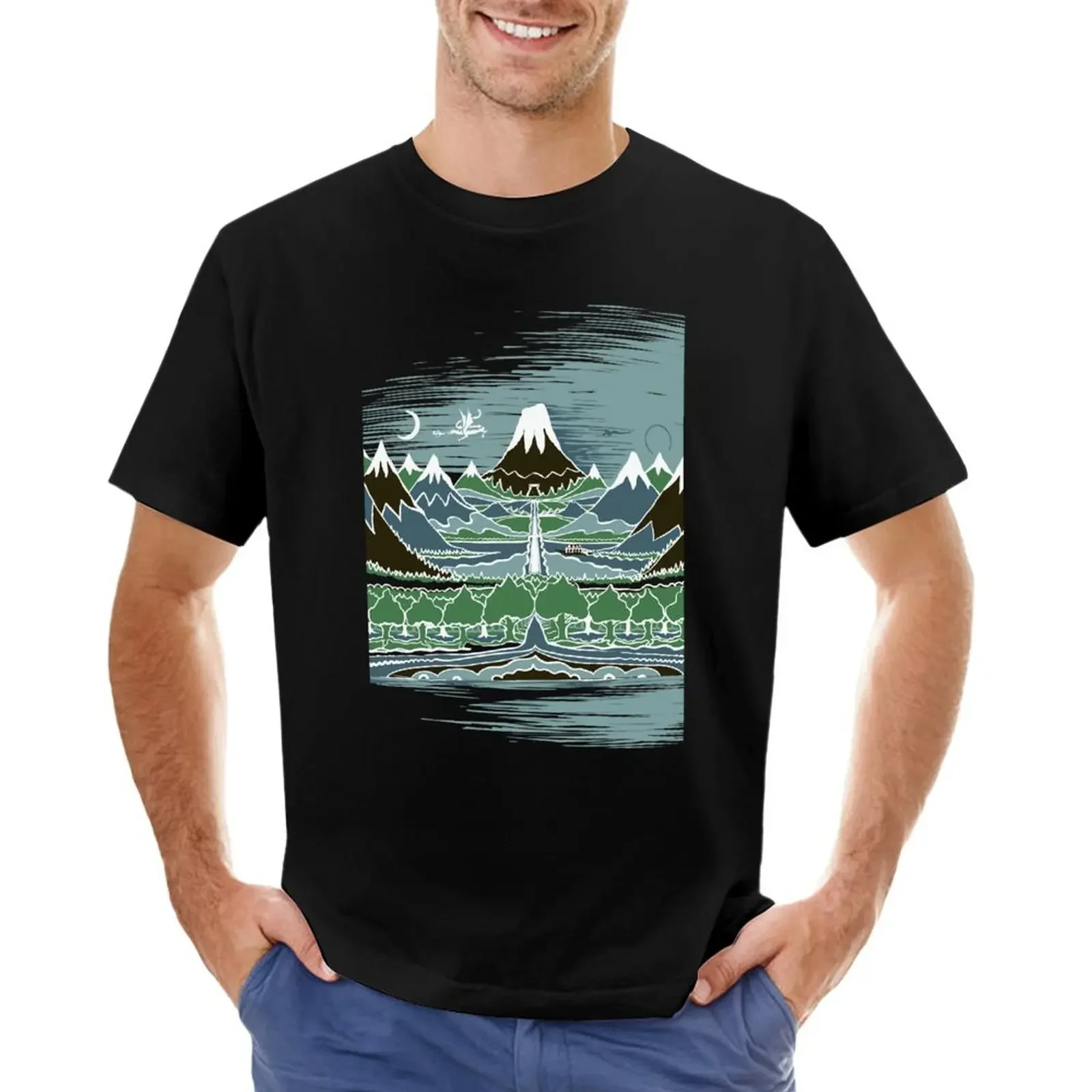 A Halflings journey on a mountain path through an elven wood in the style of J.R.R.Tolkien T-shirt summer top men clothing