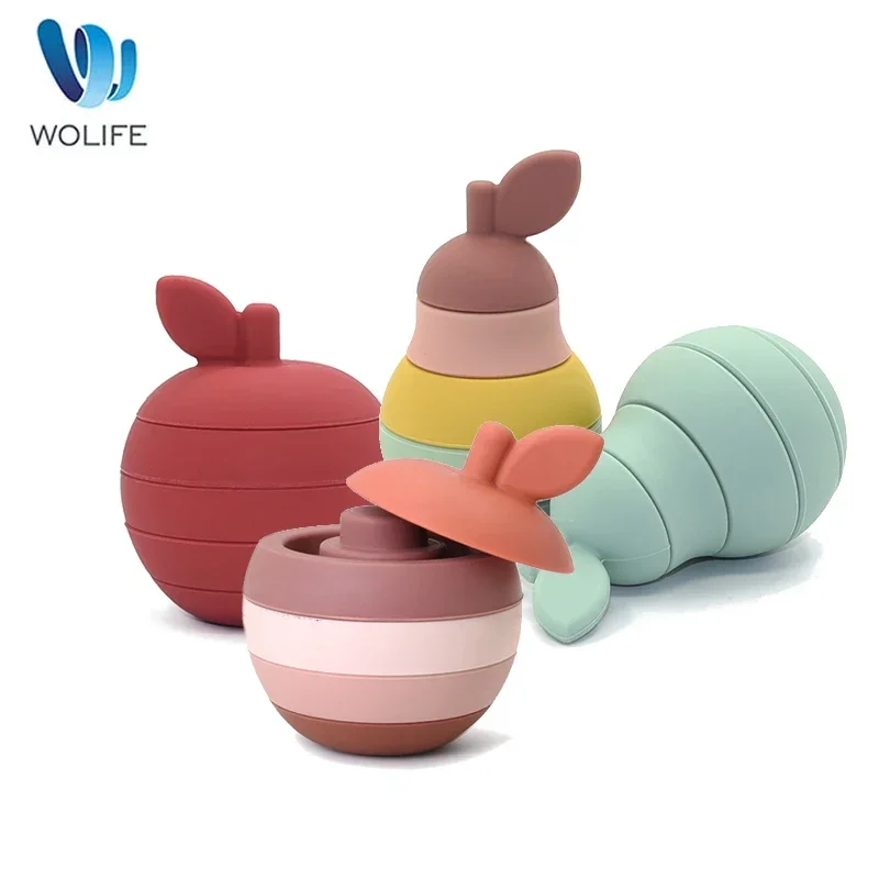 WOLIFE 5Pcs/Set Silicone Building Block Baby Silicone Teether Apple Pear Soft Block Educational Montessori Toys Stacking Blocks