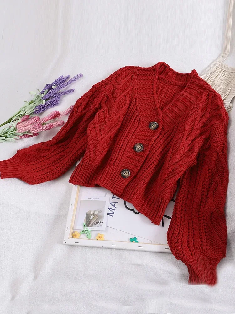 Autumn Winter Women\'s Knit Cardigan Short Crop Tops Chic Students Loose Solid Color Single-Breasted Sweater Female GD149