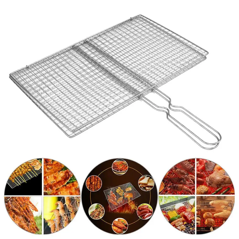 Panier de cuisson pour barbecue, filet de grillade pour viande, poisson et légumes, en maille d'acier argentée avec pince