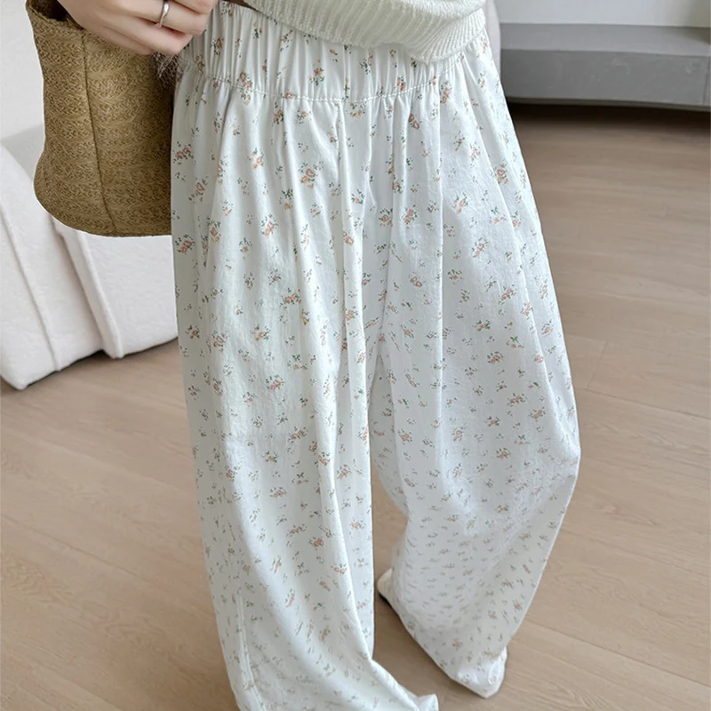 한국어 꽃 패턴 흰색 긴 바지 여성 탄성 높은 허리 바지 여성 봄 가을 느슨한 넓은 다리 바지 mujer
