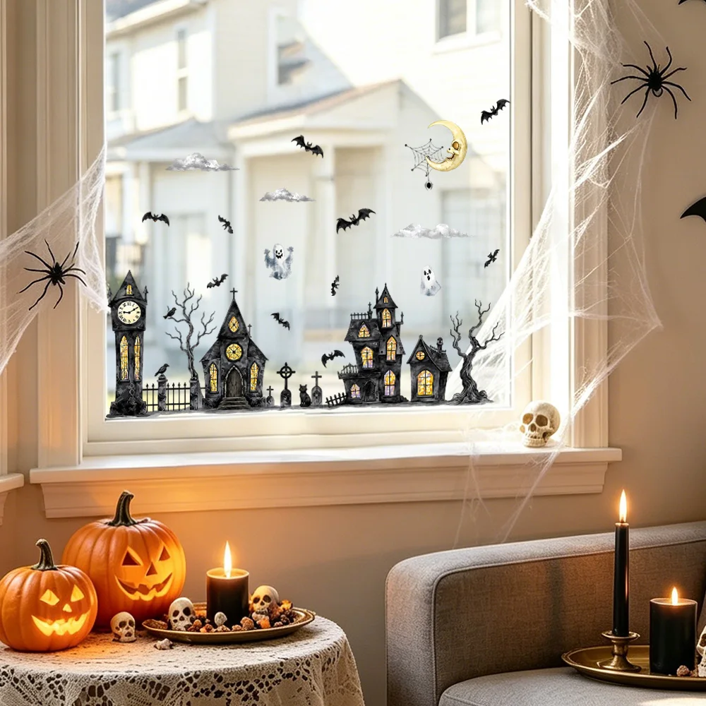 2Pcs Window Films, Halloween Spooky Season - Gothic Castle Bat Ghost, Static Cling Double Sided Glue Free, Glass Window Door