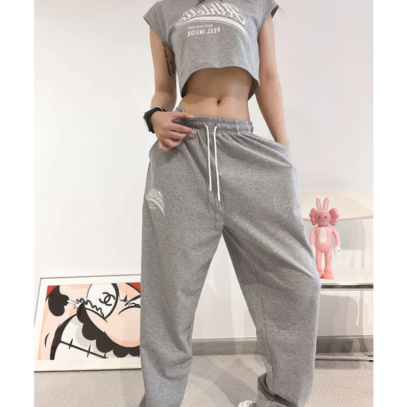 

Women's Grey Drawstring Sweatpants Fashion High Waist Straight Wide Leg Pants Simplicity Baggy Bind Feet Trouser Ladies Autumn