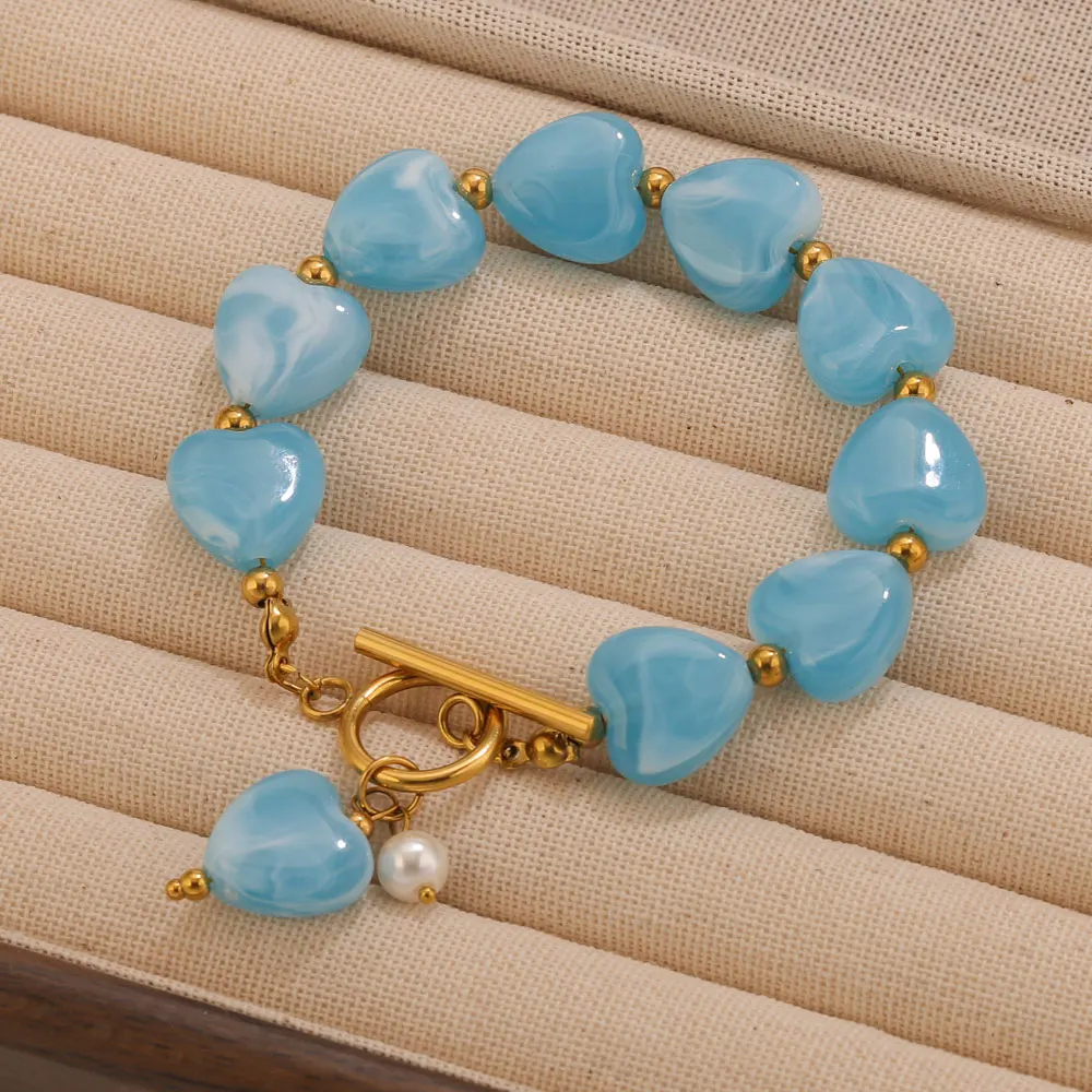 Jolivie Edelstahl-Armband mit rotem Herz für Damen, Urlaubszubehör, Vintage-Acryl-Armreif, Handgelenkschmuck, Armband, Geschenk – Detail 5
