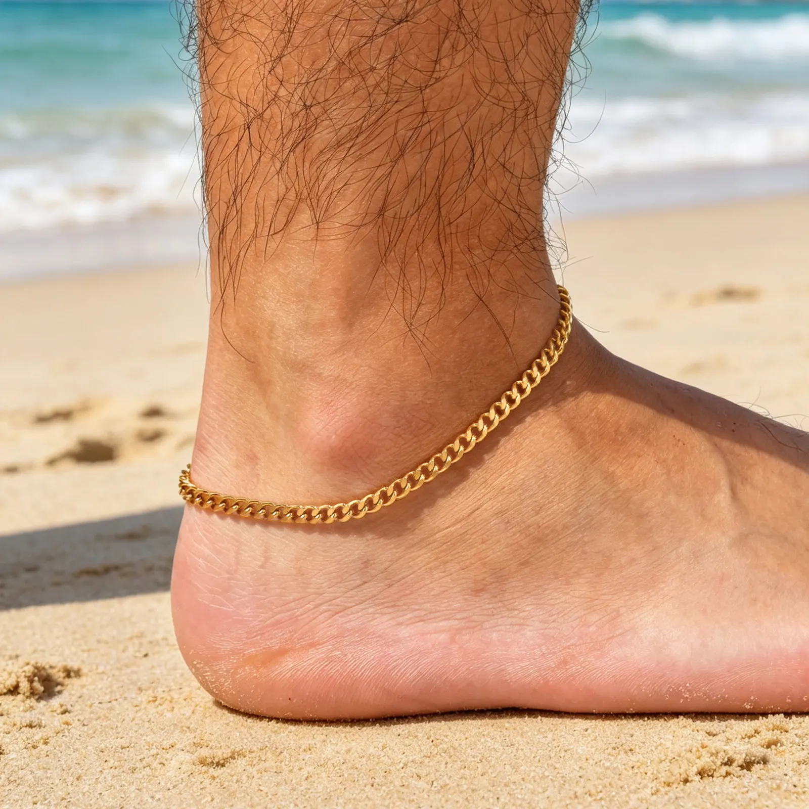 Vnox Edelstahl Fußkettchen in Goldfarbe für Männer, Verstellbare Gliederkette, Wasserdichter Strand-Fußschmuck, Urlaubsgeschenk – Detail 8