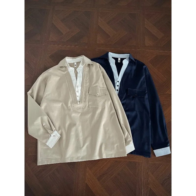 

Retro Korean Fake Two-Piece Contrast Collar Satin Shirt Men's Oversize Loose Long Sleeve Top Trendy Male Blouse with Pocket