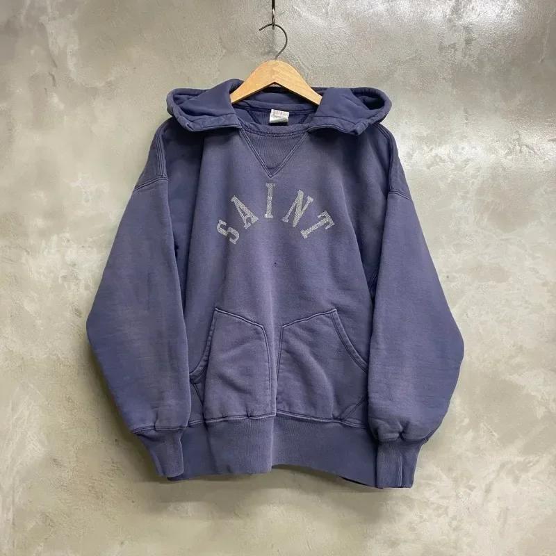 24ss Washed Purple SAINT MICHAEL M13 Oversized Hoodies Men Women 1:1 Top Quality Damaged Vintage Hooded Pullovers