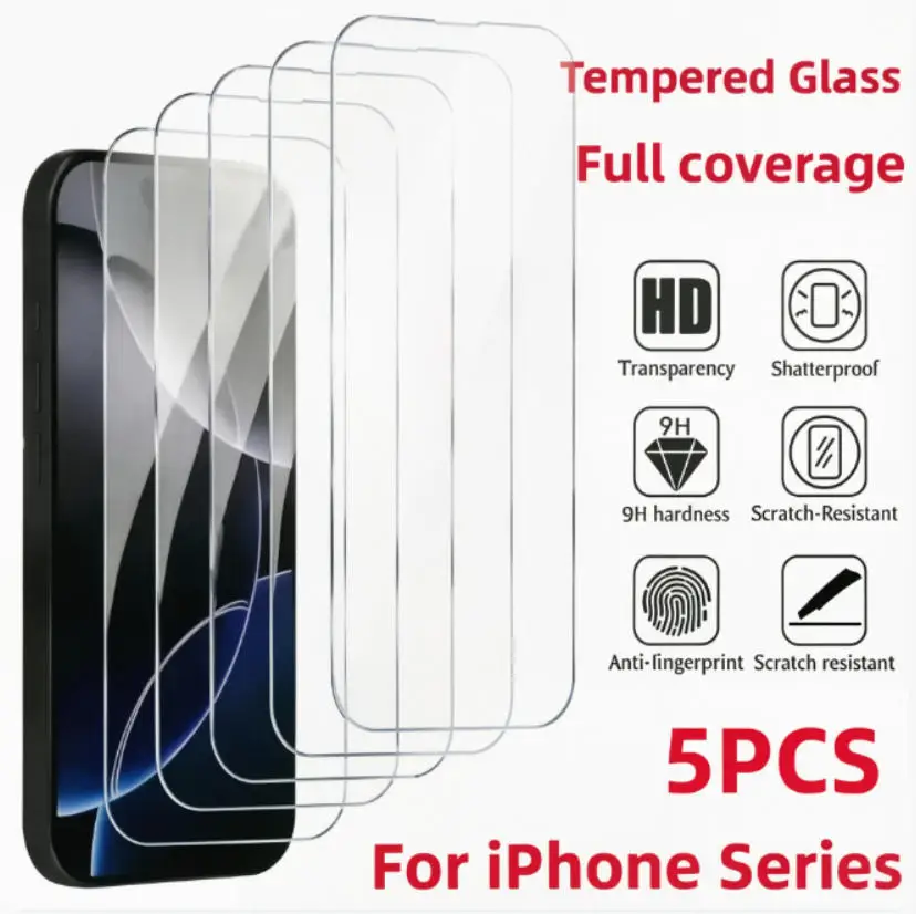 5 Stück HD Gehärtetes Glas Displayschutzfolie für iPhone 11 12 13 14 15 16 17 Pro Max 14 15 16 Plus 16 Air Kratzfeste Schutzfolie