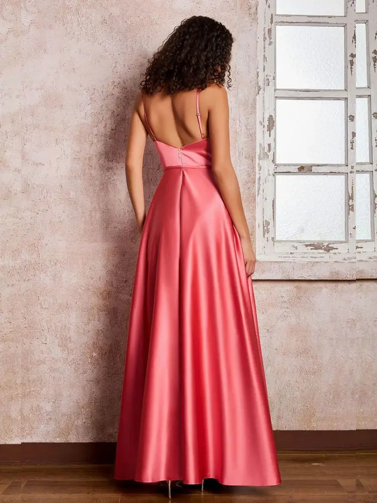 Pleated V-neck Satin Maxi Dresses With Pockets