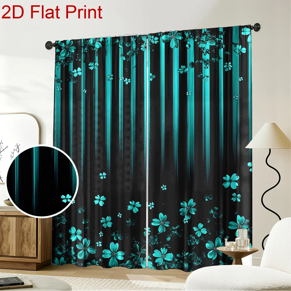 Teal Floral Striped Print Window Curtains for Bedroom Living Room Blackout Thermal Insulated Drapes for Privacy&Modern HomeDecor