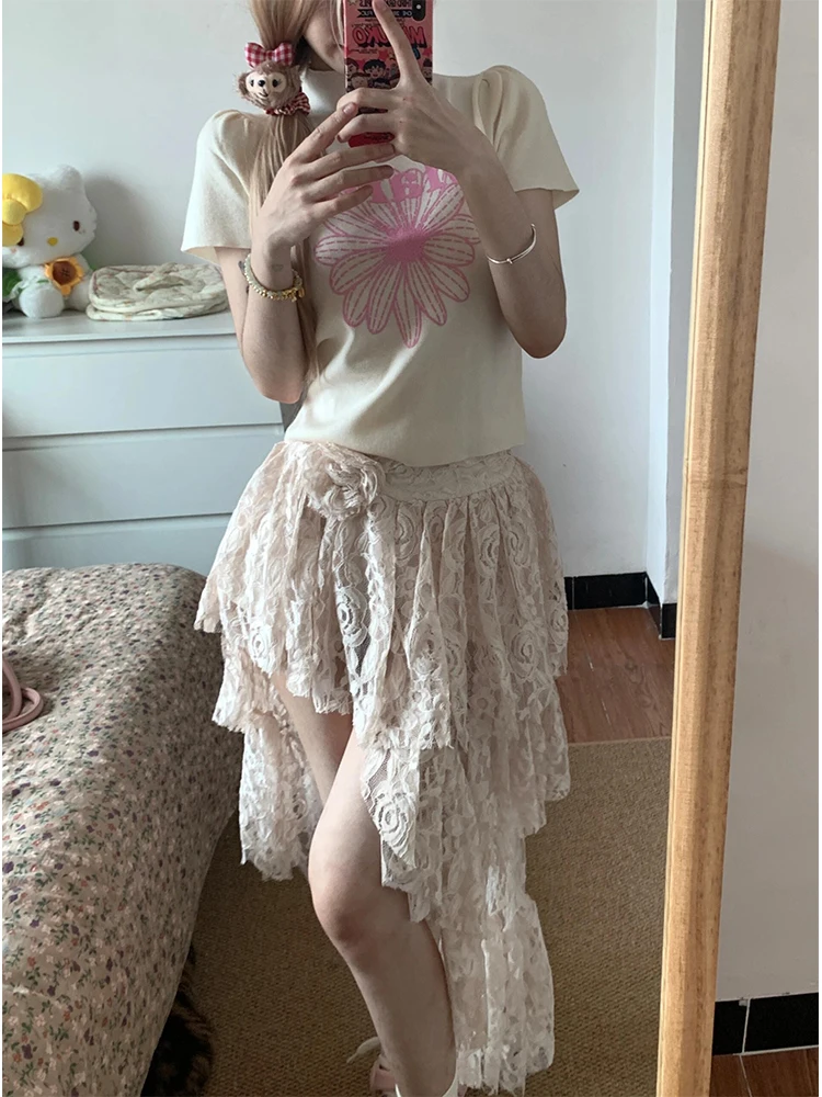 Irregular Lace f Skirt Women's Summer 2025 New Design -Midi A-Line Cake Skirt High Waist Other Material 00%