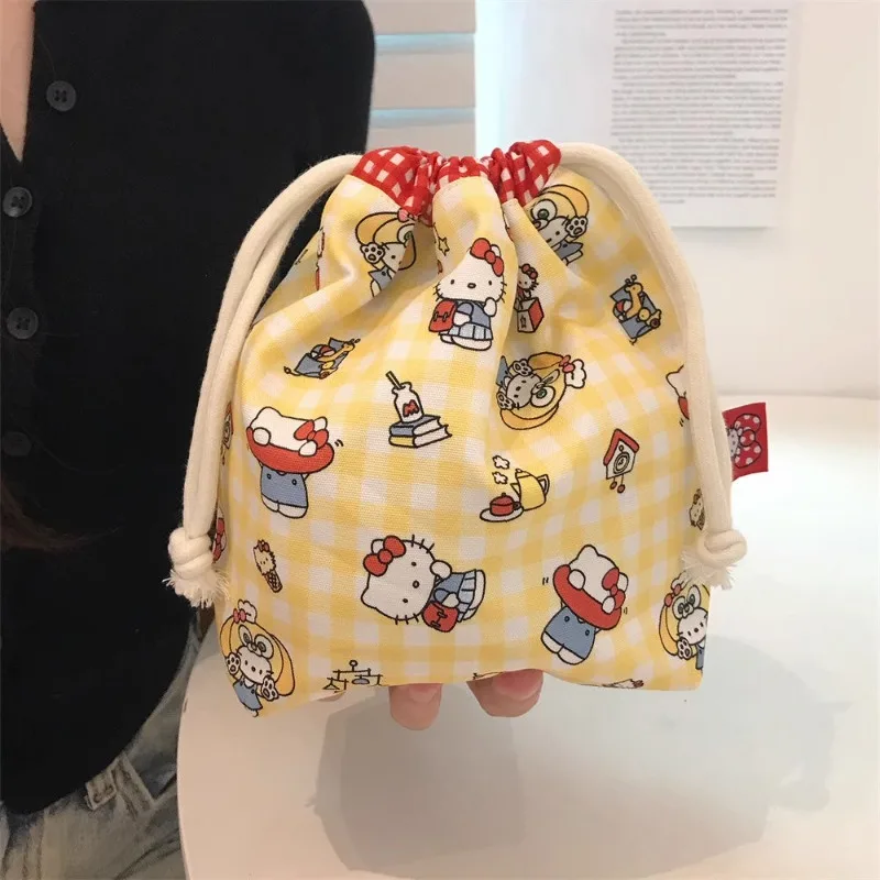 Hello Kitty Niedlicher Cartoon-Beutel mit Kordelzug und hohem Fassungsvermögen, bedruckter Stoff, Kosmetik-Organizer für Reisen, Retro-Stil, Kleinigkeiten-Beutel