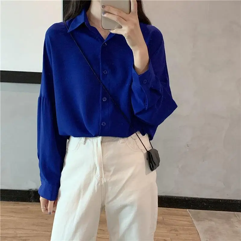 Minimalist Commute Spring Autumn New Blouses Women\'s Polo-Neck Solid Color Spliced Folds Loose Long Sleeve Single Breasted Shirt