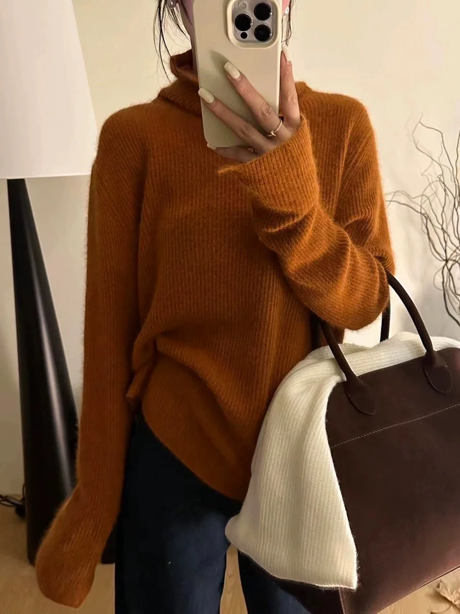 

Cashmere Sweater with Pile Collar for Women, Soft Waxy Bottoming Sweater, Simple Solid Color, Autumn and Winter, New