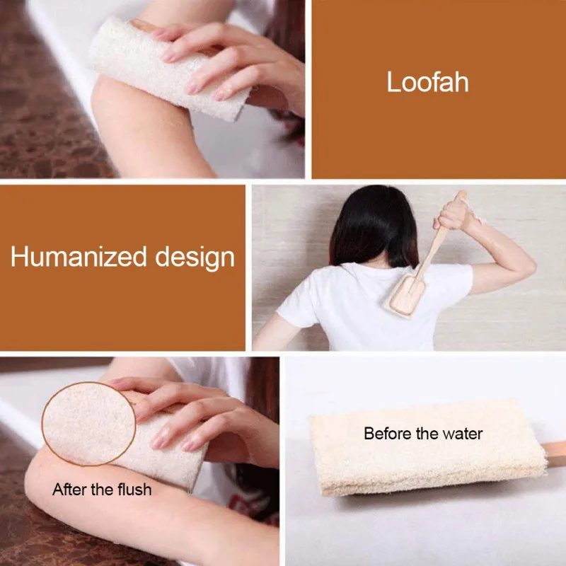 Exfoliating Shower Brush Natural Loofah Back Sponge Scrubber Brush with Long Wooden Handle Stick Holder Body Shower Bath Tools