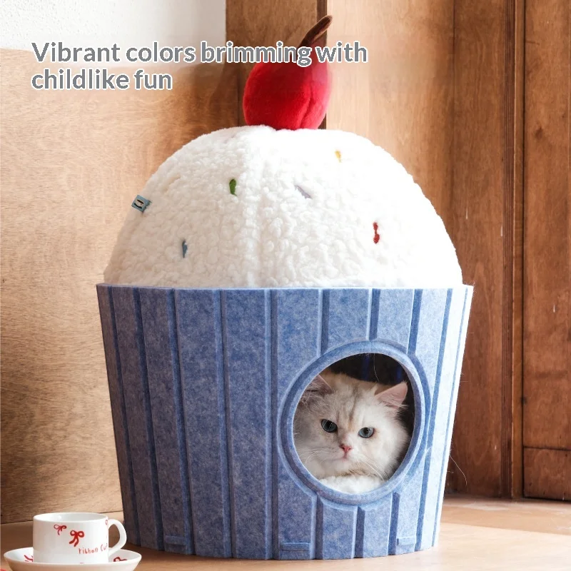 Cama nido de fieltro con forma de muffin para gatos – Cueva cálida - imagen 3