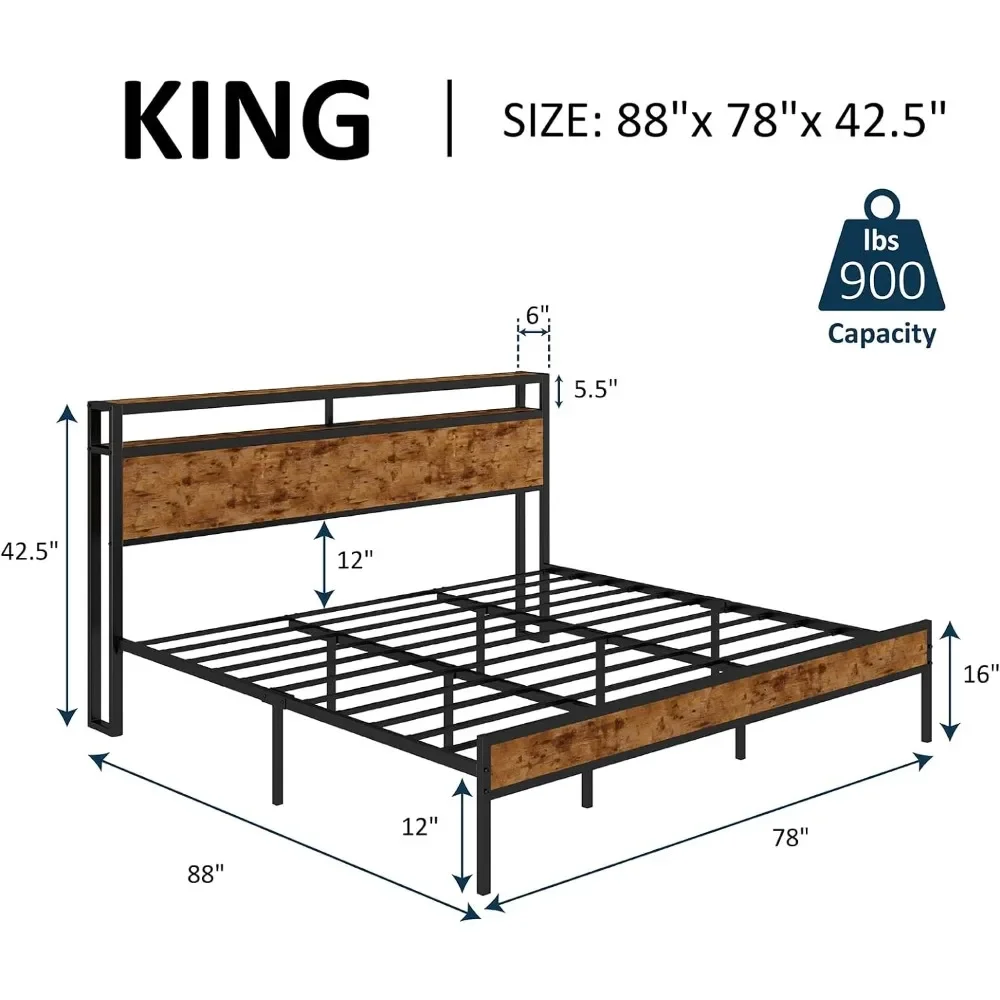 King size bed frame industrial platform bed with charging station, 2 layers of storage headboard / no spring mattress required