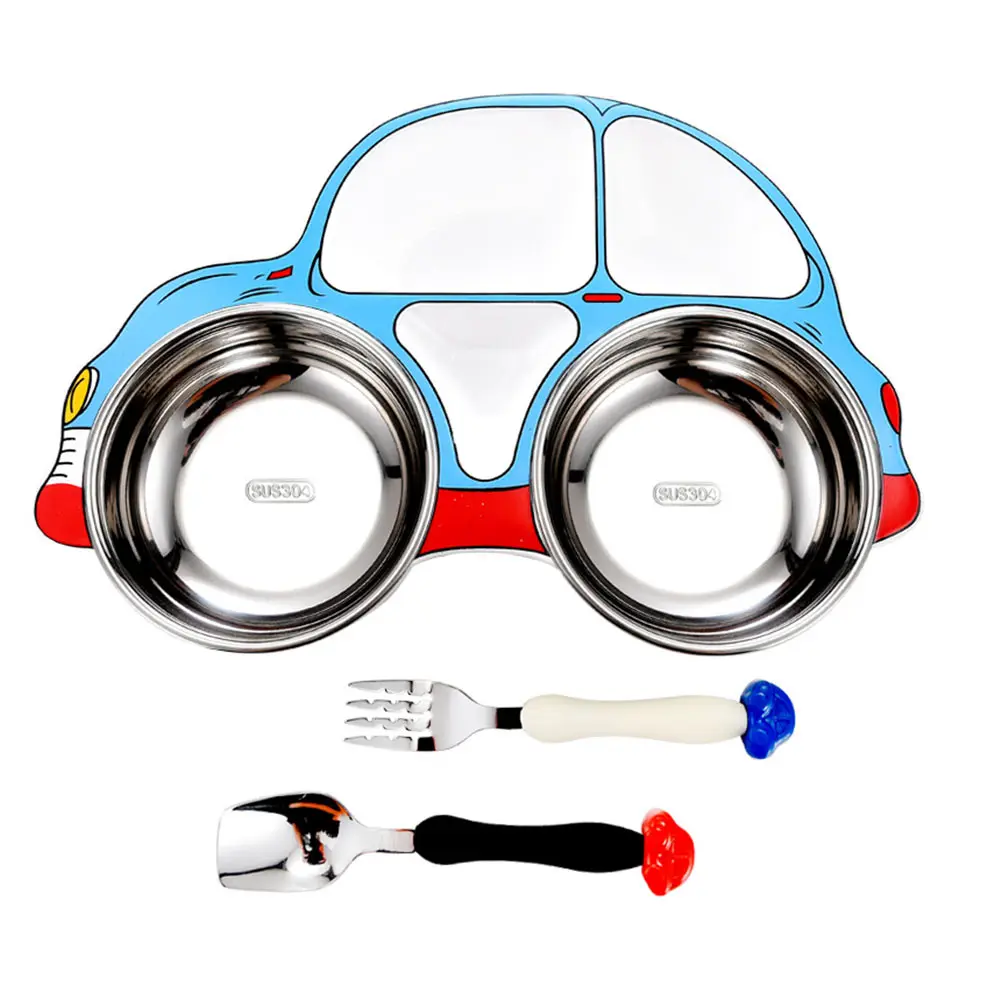 

Children Car Shaped Baby Plate 3 Grids Bowl Spoon Fork Set Blue Cartoon Easy Clean Microwave Safe Stainless Steel PP